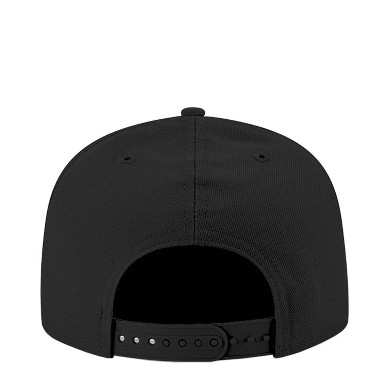 Black mesh baseball cap back view with adjustable snapback strap