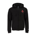 Men's black zip-up hoodie with hood, drawstrings, and red logo on chest