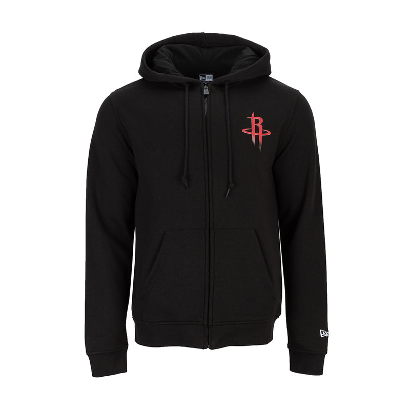 Men's black zip-up hoodie with hood, drawstrings, and red logo on chest