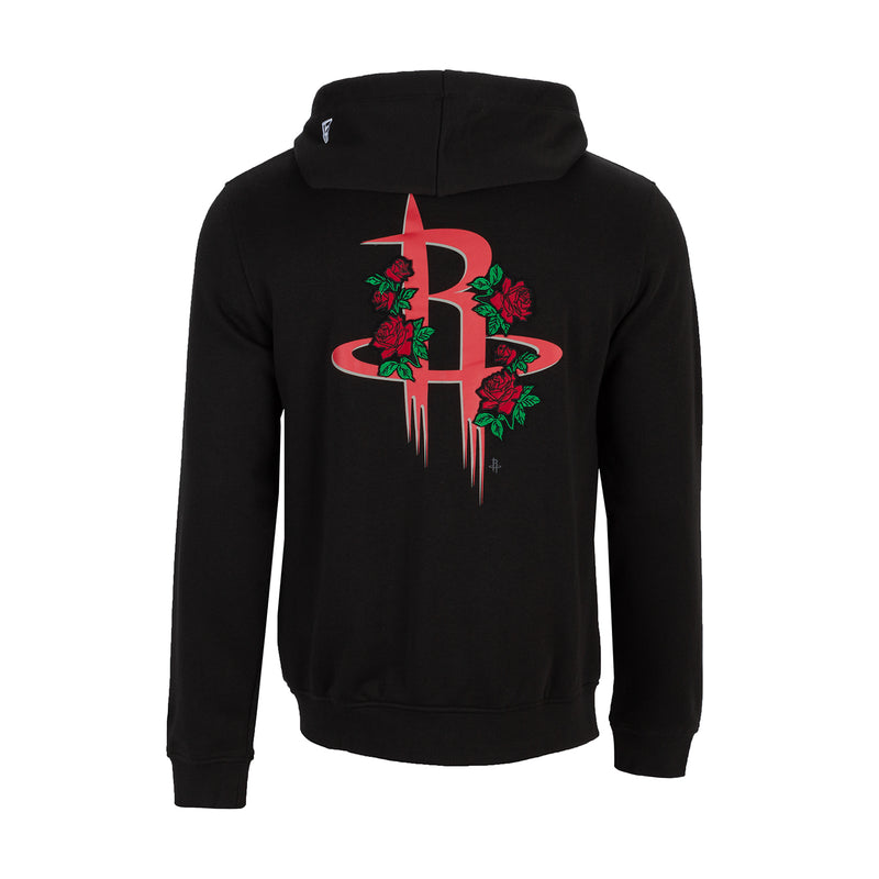 Men's black back zip-up hoodie with hood, drawstrings, and large red graphic