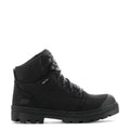 Women's black high-top work boot with lace-up front and rugged lug outsole