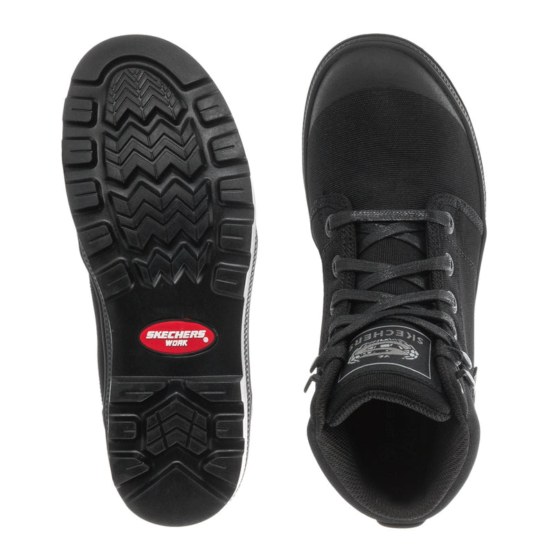 Women's black high-top work boot outsole and side view, lace-up upper