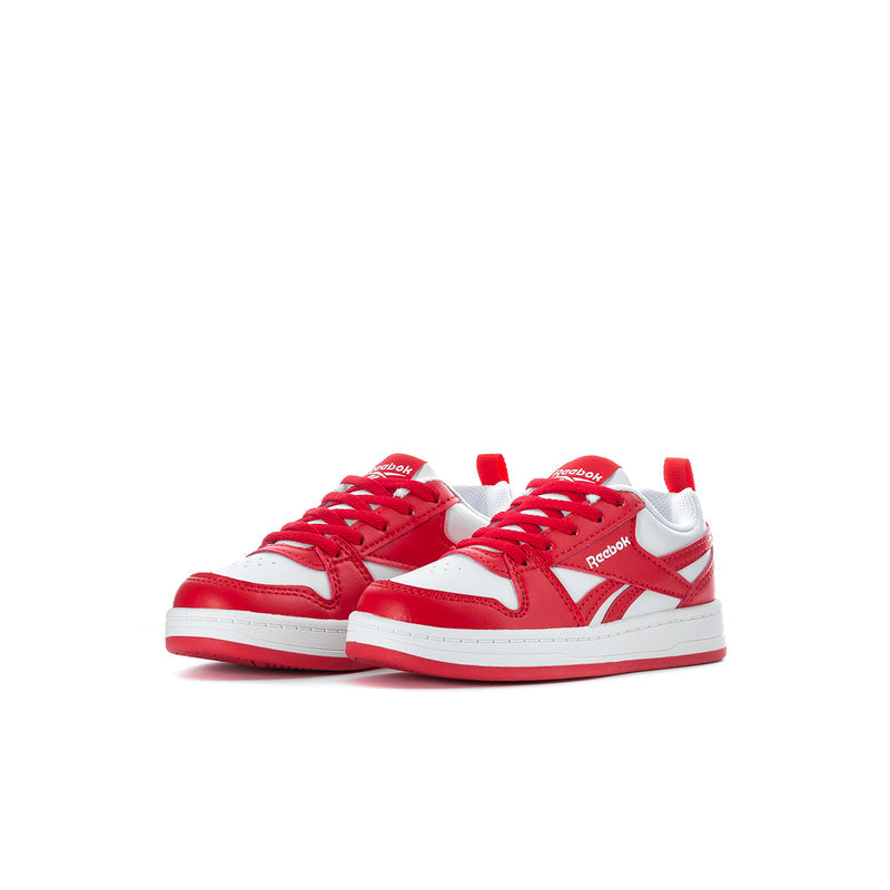 Kids lace-up sneakers with red uppers, white panels, and red outsole