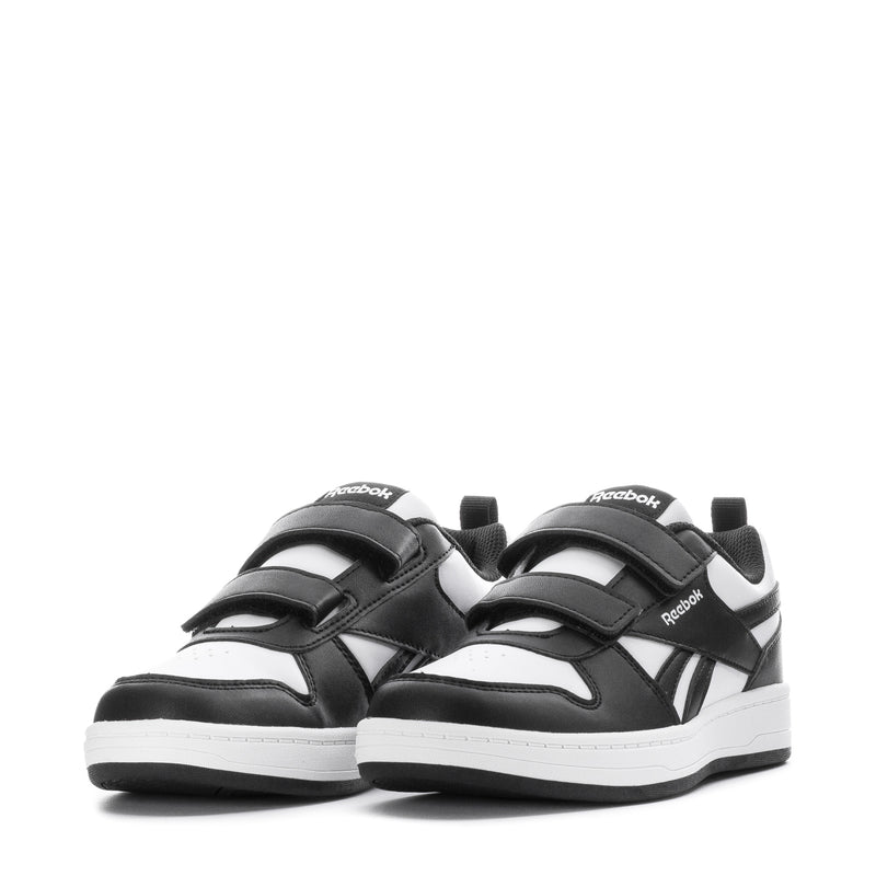 Kids Reebok sneakers pair, black and white, two straps and white rubber sole