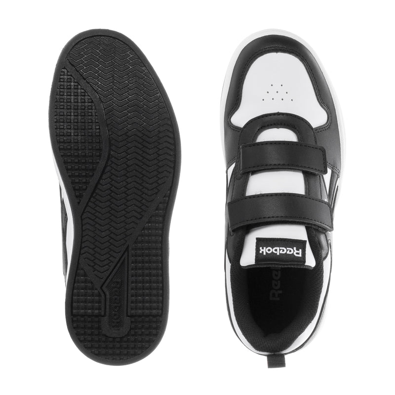 Kids Reebok sneakers outsole and inside view, black sole, white/black upper