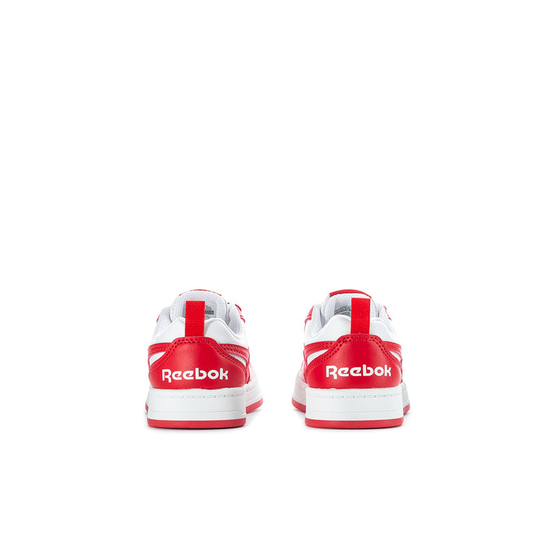 Kids red-and-white sneakers heel view with Reebok logo and flat rubber sole