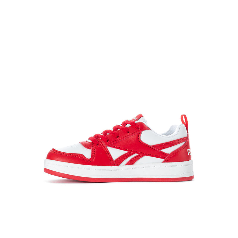 Kids red sneaker with white side stripe, white toe panel, and lace-up closure