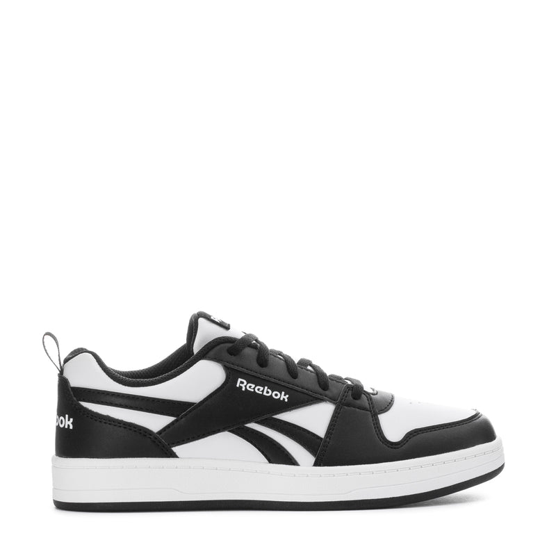 Youth Reebok sneaker in black and white, side view with lace-up and logo
