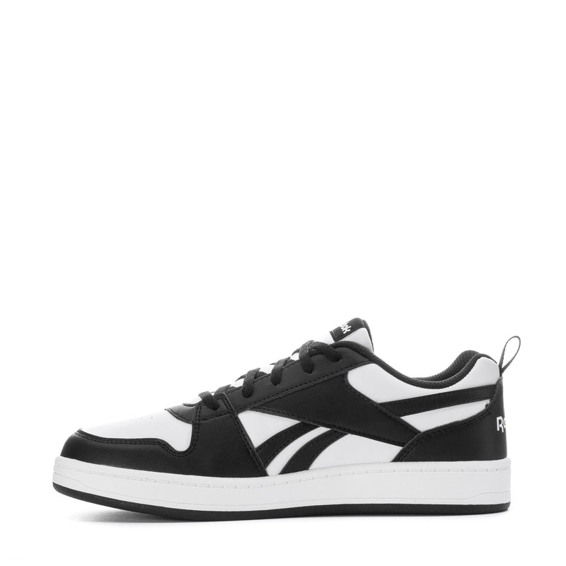 Youth Reebok sneaker, three-quarter view with black upper, white panels, lace-up