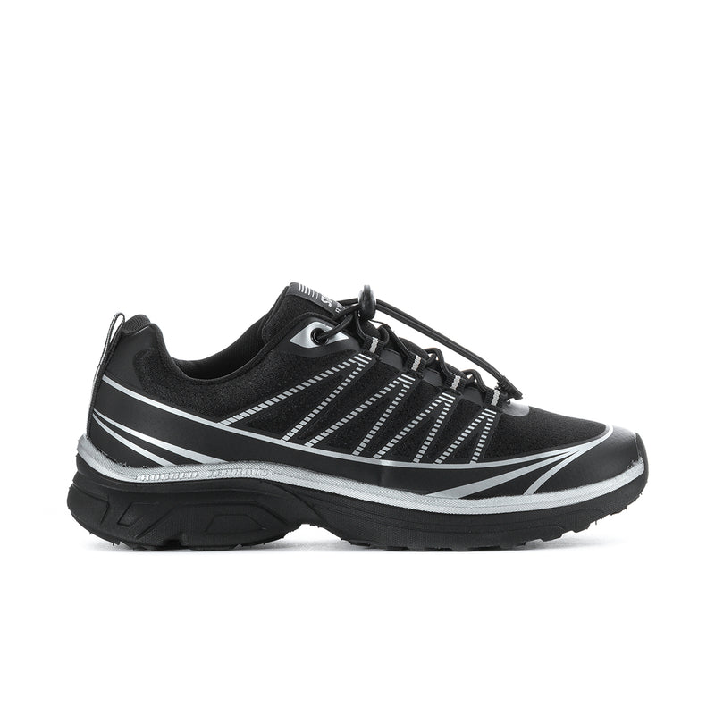 Black men's athletic sneakers with silver stripe detailing, lace-up front, chunky sole