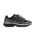 Black men's athletic sneakers with silver stripe detailing, lace-up front, chunky sole
