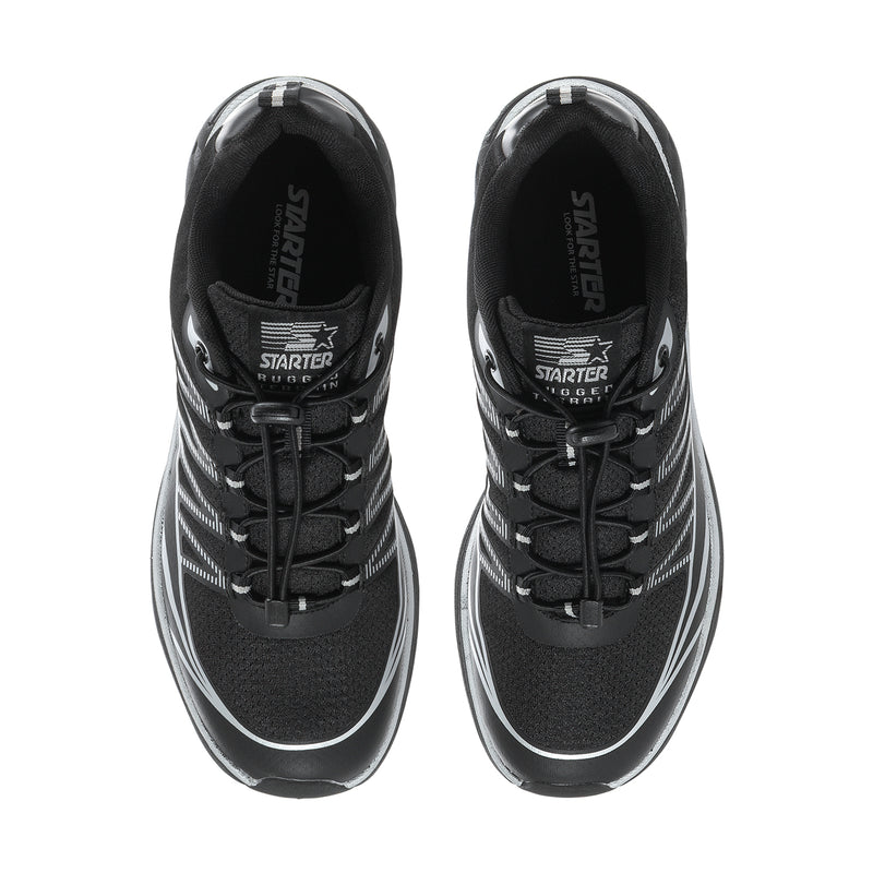 Black sneakers showing mesh upper, lace closure, and silver logo strip at tongue