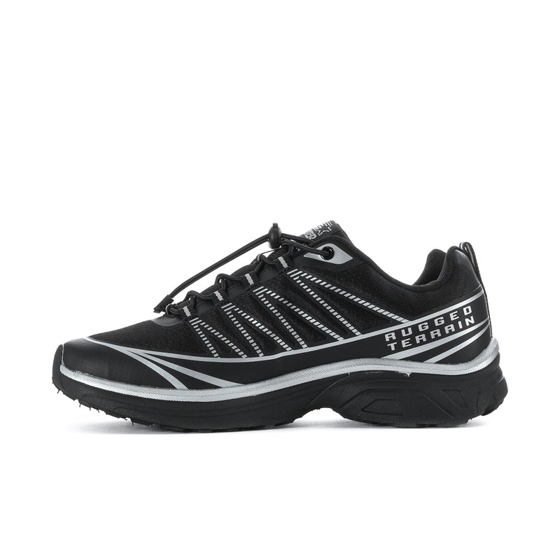 Black athletic sneakers with silver side stripes, lace-up design, and rugged runner sole