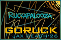 Bold, colorful text reads: "Ruckapalooza Jax Beach - Fitness Party & City Ruck Weekend '26" with dynamic abstract lines and splashes, reflecting the vibrant energy of this community fitness event.