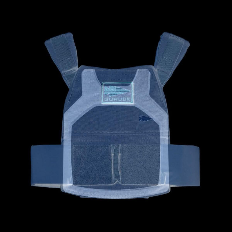 X-ray view of GORUCK weighted plate carrier vest for rucking, black background