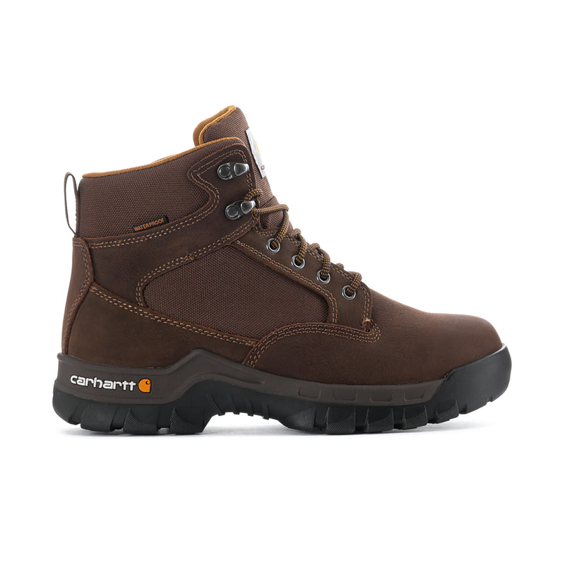 Brown men's waterproof work boot with lace-up front and Carhartt badge