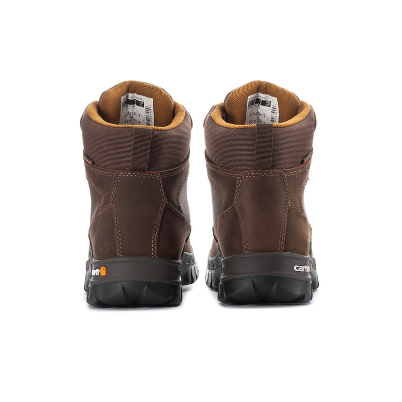 Brown men's waterproof work boots, padded collar, rear view, Carhartt logo