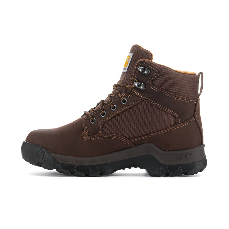 Brown men's waterproof work boot, side angle, lace-up design and rugged sole
