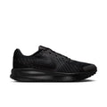 Men's black running shoes, lateral view with lace eyelets and cushioned midsole.