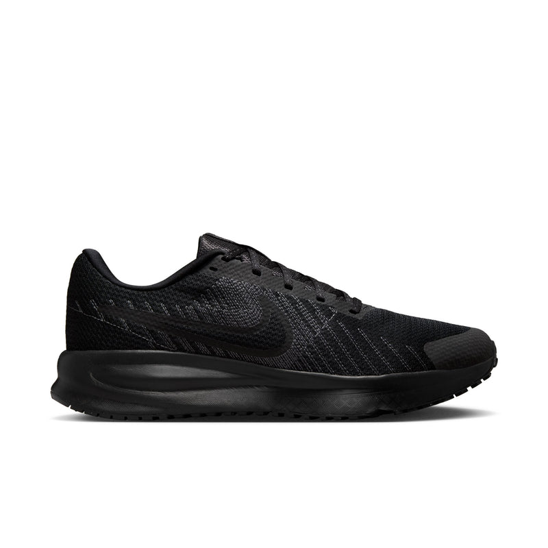 Men's black running shoes, lateral view with lace eyelets and cushioned midsole.