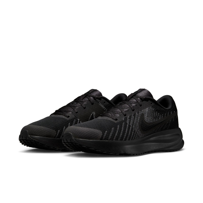 Men's black running shoes, front view with lace-up closure and low-profile sole.