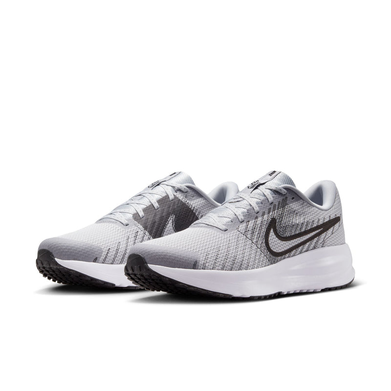 Men's running shoe, side angle: light grey knit upper, black swoosh, white midsole.