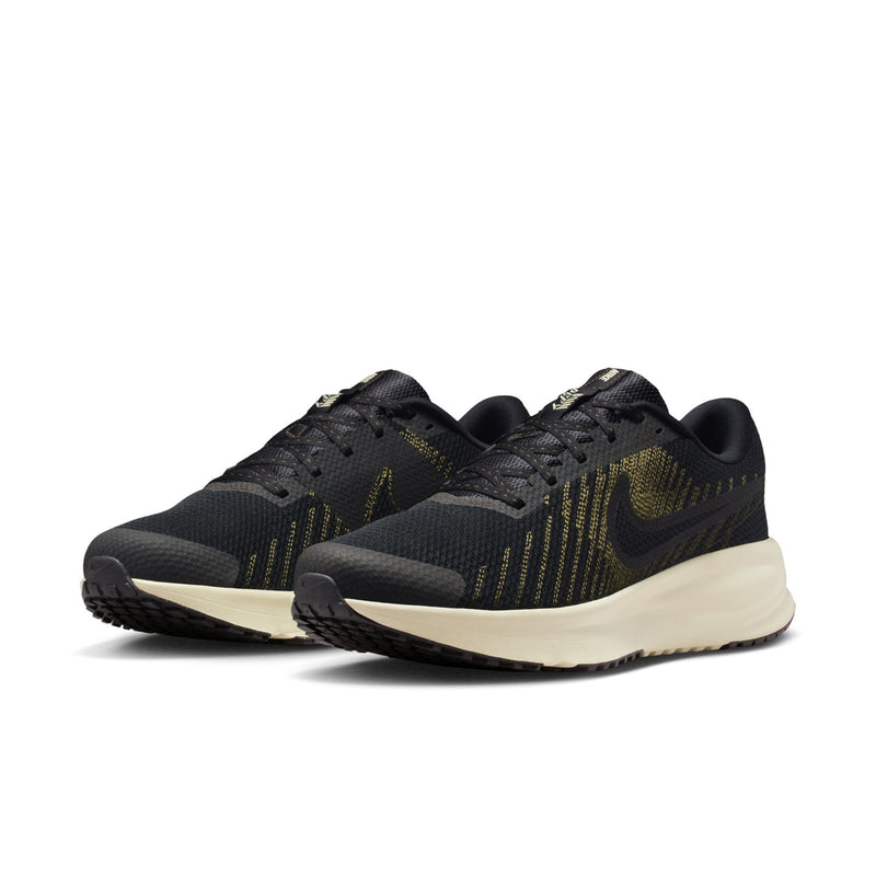 Pair of men's Nike running shoes, black uppers with gold swoosh accents