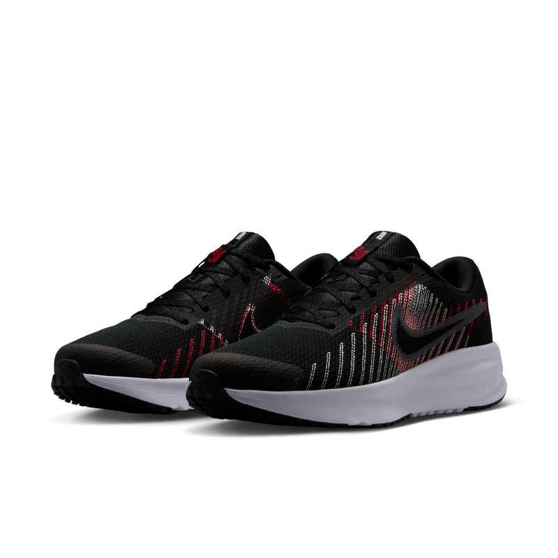 Black men's running shoes with red and gray stripe graphics, black laces, white sole