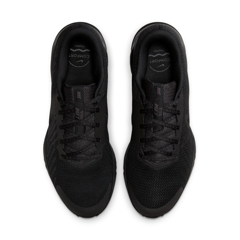 Men's black running shoes, top view of two shoes with laces and padded collar.