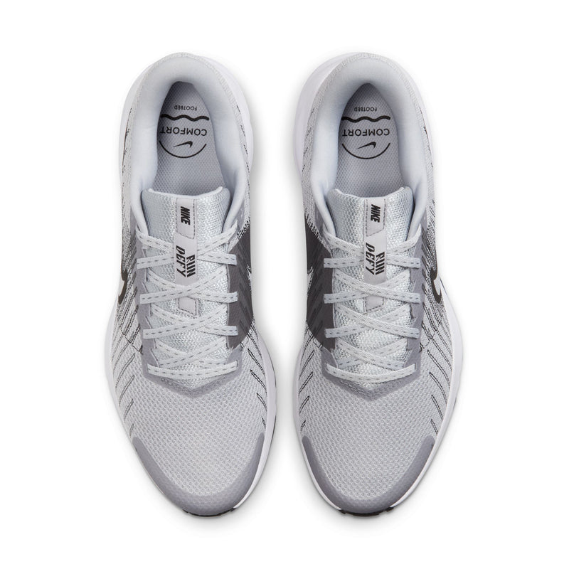 Men's running shoes, top view: grey knit uppers, white laces, padded white collar.