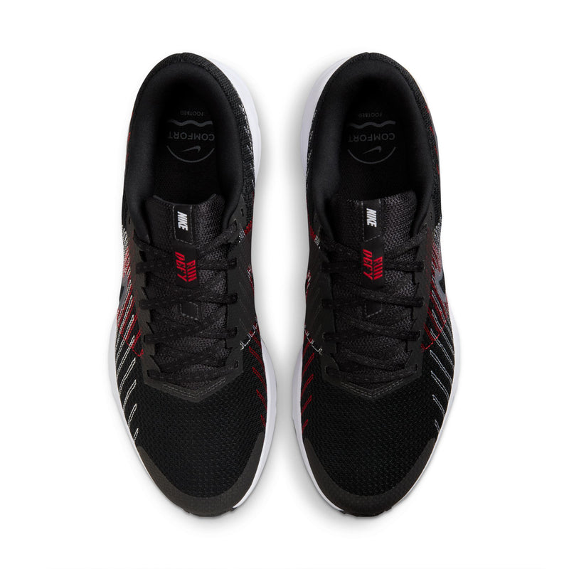 Black running shoes front view, black knit upper with red/gray accents, white midsoles