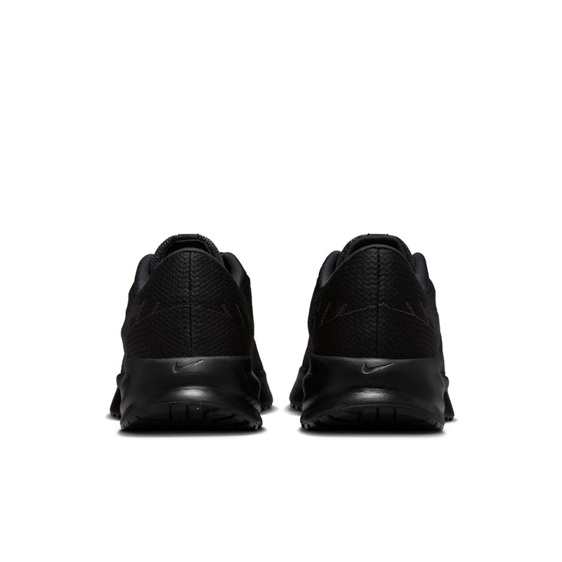 Men's black running shoes, rear view, cushioned heel and tread sole.