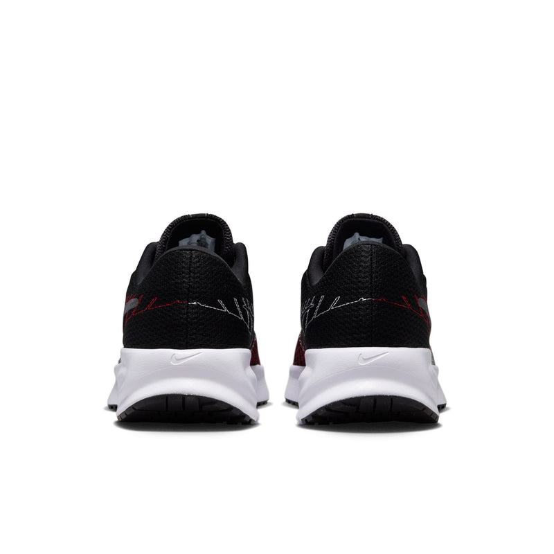 Black running shoes rear view, white heel midsole and lace-up design with red marks