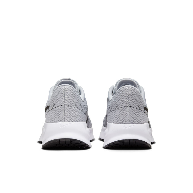 Men's running shoe heel view: grey knit back, white collar, black outsole tread.