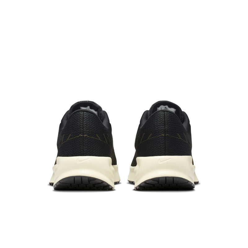 Men's Nike running shoes from back, black uppers with white heel midsole