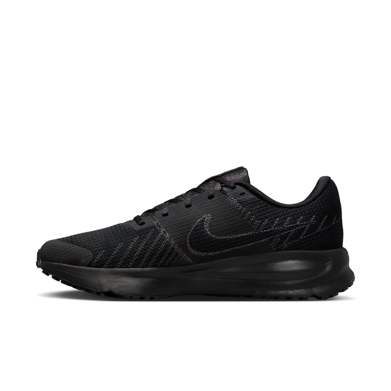 Men's black running shoes, side view with mesh upper and low-profile sole.