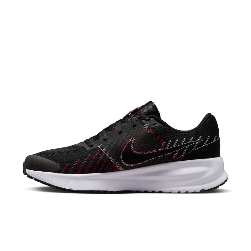 Black lace-up running shoe with red/gray swoosh and stripe details, white midsole