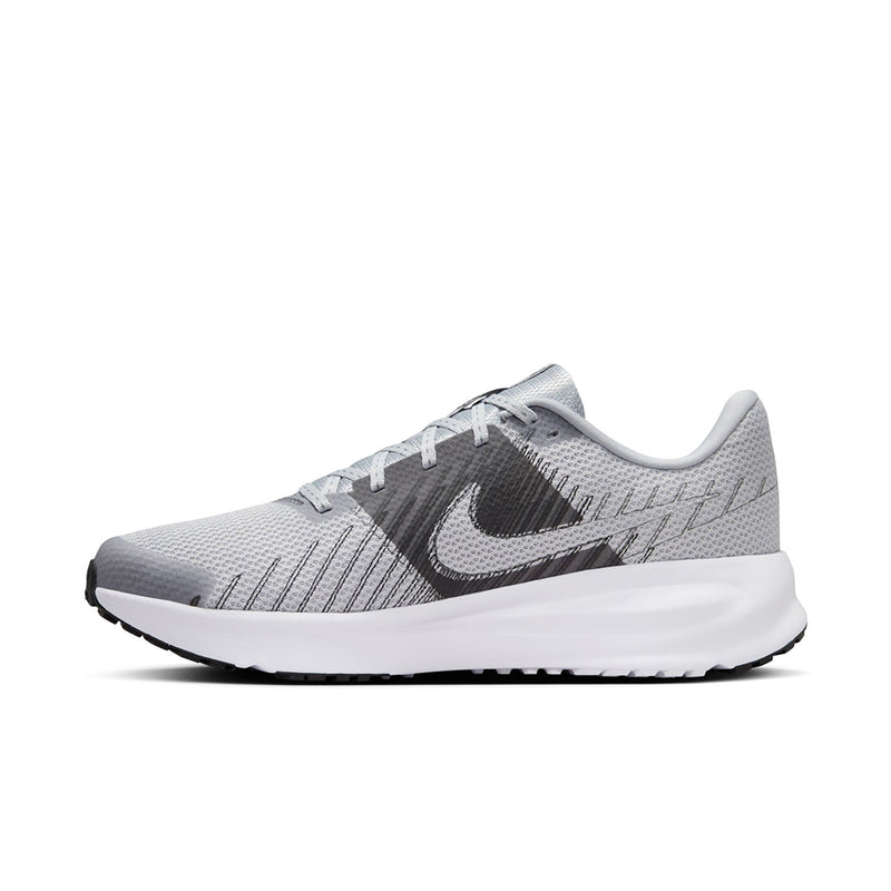 Men's running shoe front-side view: light grey knit, black swoosh, white midsole.