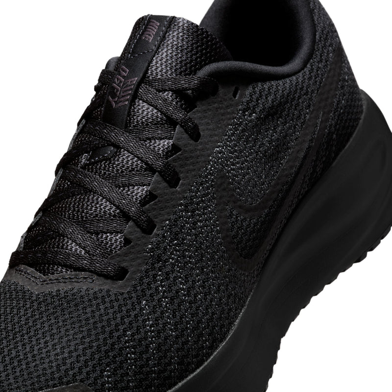 Men's black knit upper running shoe with lace-up front and textured panels.