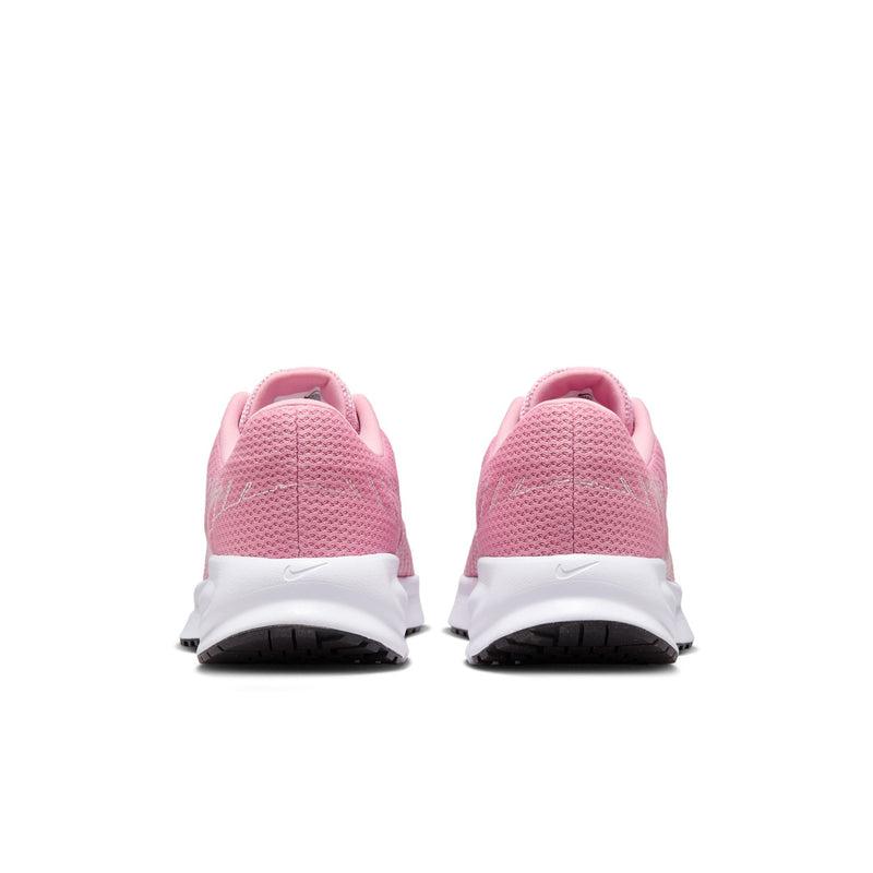 Women’s running shoes heels with pink knit uppers and white midsole, rear view
