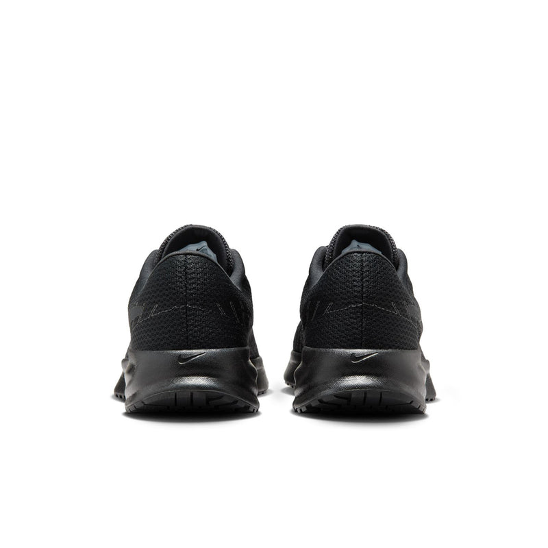 Back view of black lace-up running shoes with cushioned heel and pull tab