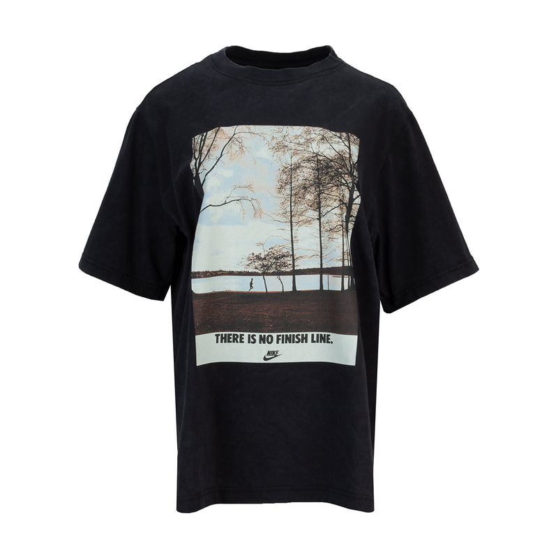 Black womens short-sleeve crewneck tee with framed running photo graphic and text