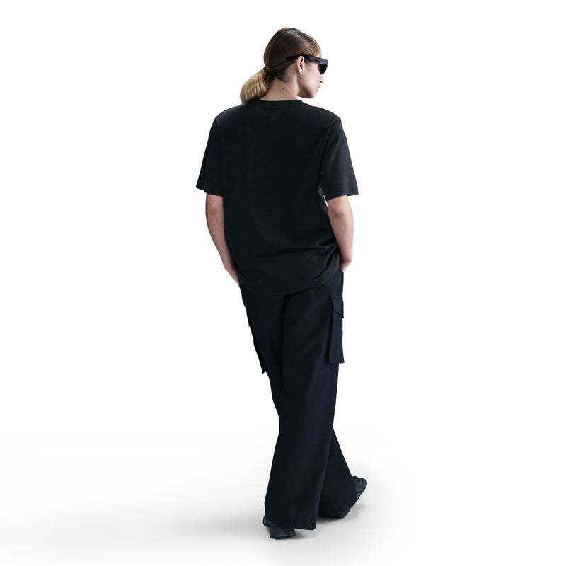 Black womens tee back view with short sleeves and straight hem
