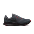 Men's dark gray running shoes with red accents, mesh upper and lace-up design