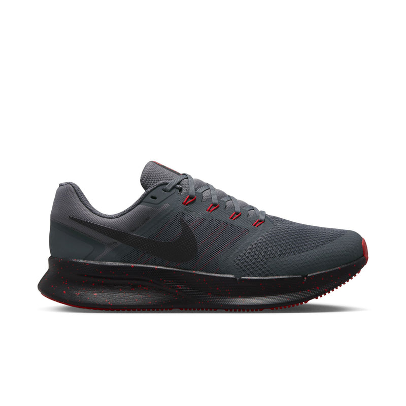 Men's dark gray running shoes with red accents, mesh upper and lace-up design