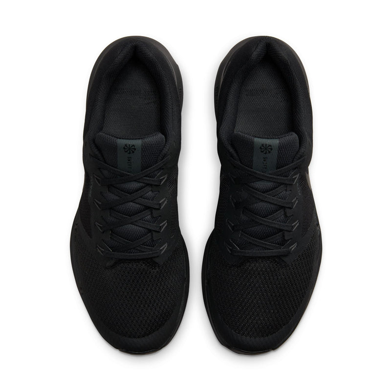 Black men’s running shoes with lace-up fronts, padded tongue, and cushioned collar