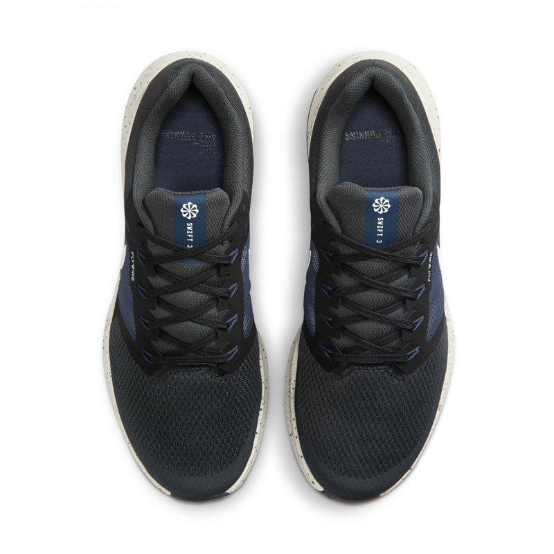 Mens black running shoes with textured uppers, lace-up front, and cushioned collar