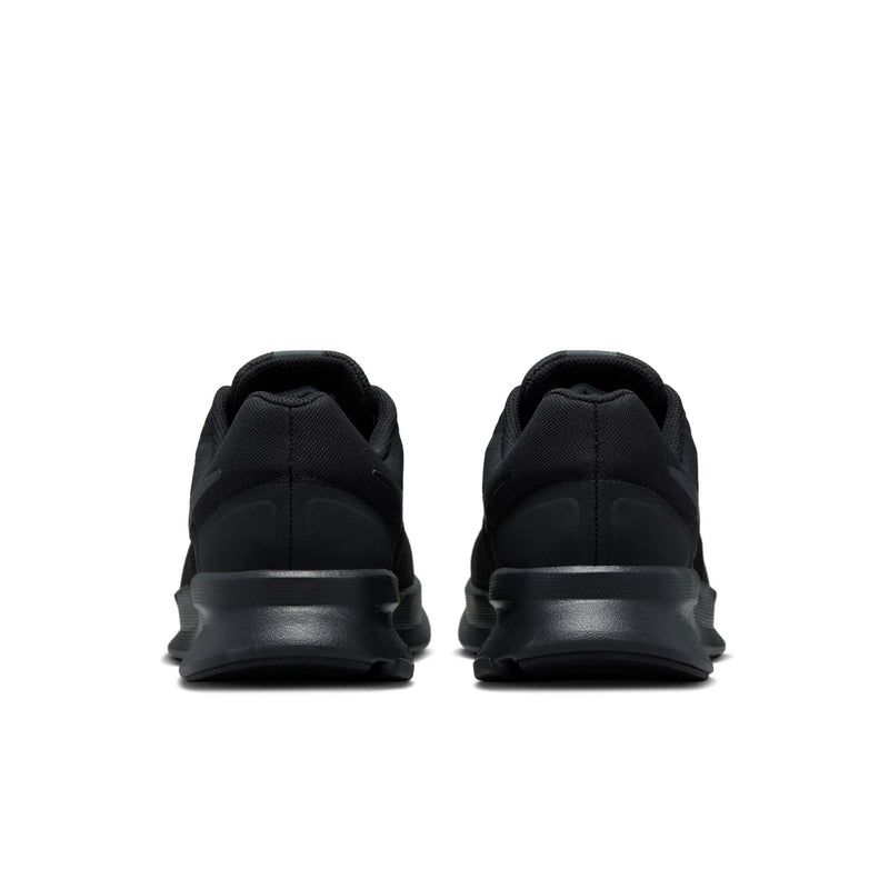 Black men’s running shoes with rear heel tab and thick rubber outsole