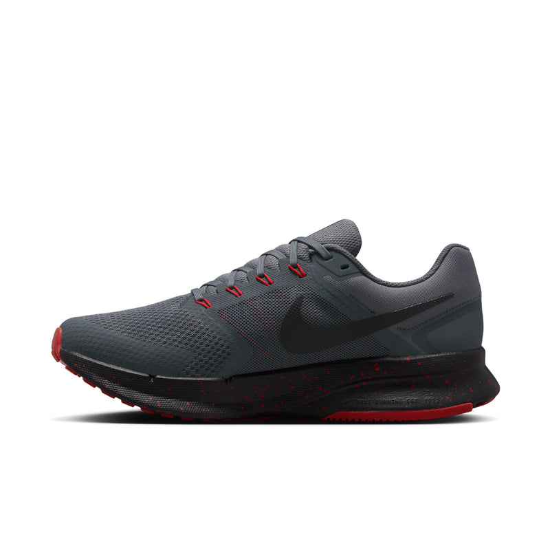 Men's dark gray running shoes with red lace details and swoosh-style side logo