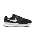 Men's black running shoe with white Swoosh and sculpted midsole, lace-up design.